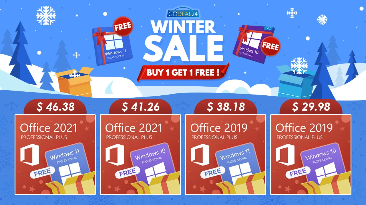 Зимняя распродажа на Godeal24: бесплатная Windows 10 или 11 при покупке Microsoft Office