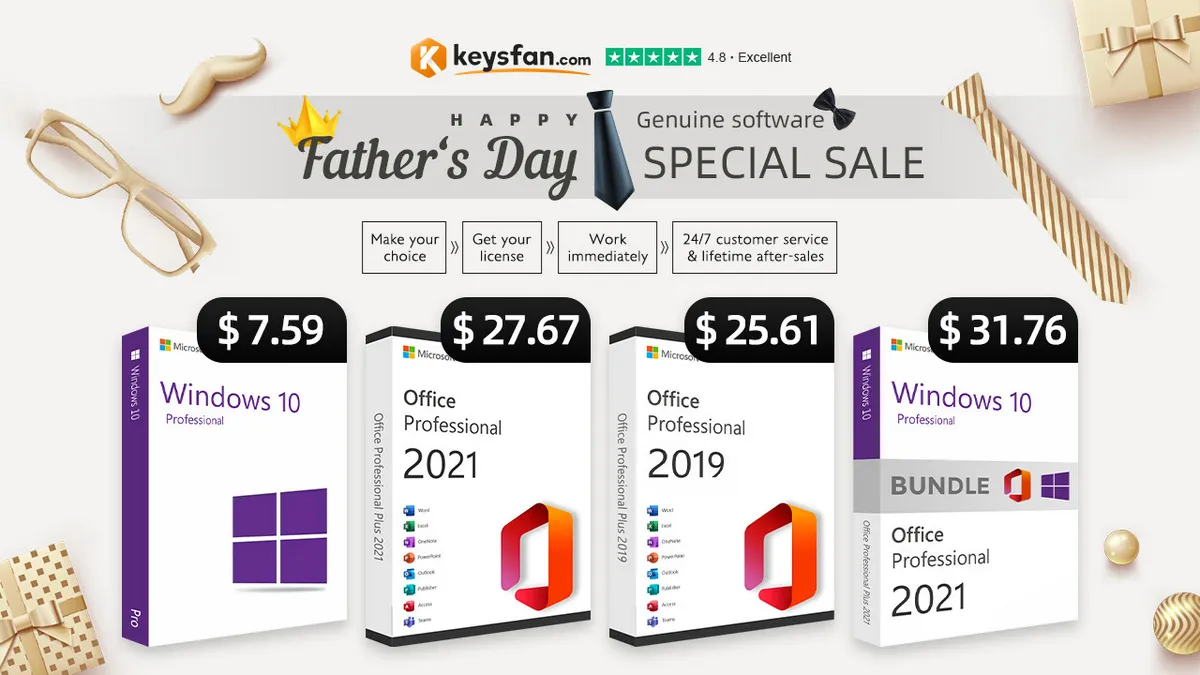 Распродажа на Keysfan ко Дню отца: Office 2021 за $13.73, Windows 10 за $6.21